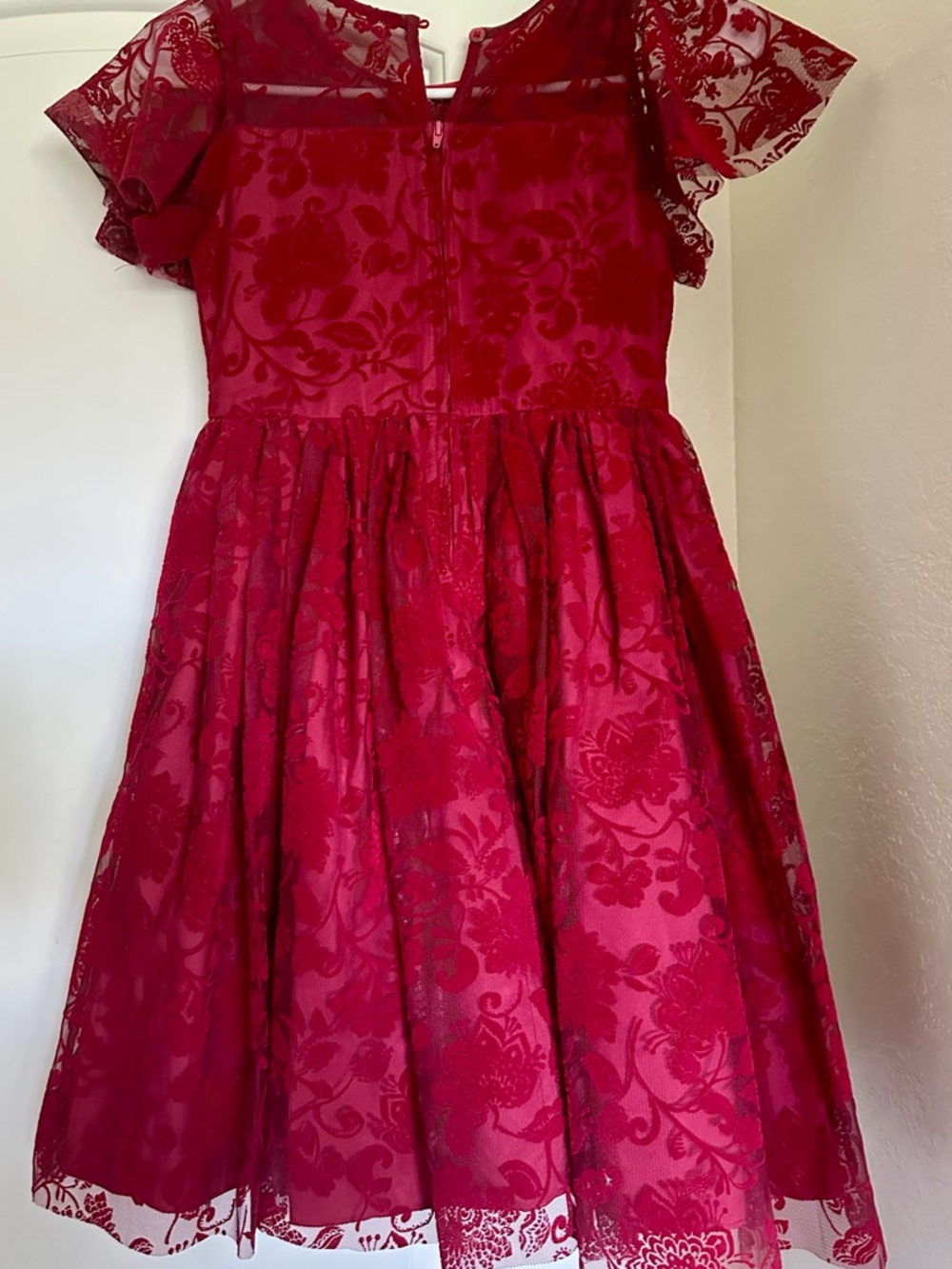 Red Lace Flutter-Sleeve Fit & Flare Dress for Girls - Picture 3 of 4
